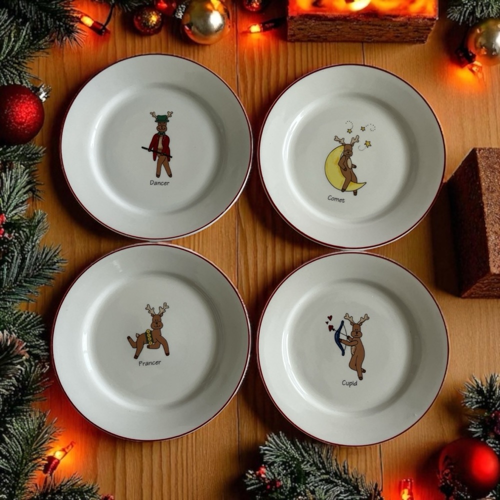 Set of 4 Rainbow Mountain Cream Reindeer Salad Plates